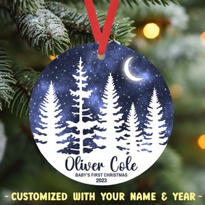 Moon Stars Baby First Christmas Ornament Personalized | Baby 1st Christmas Ornament 2023 | Forest Woodland Trees Nature Boho Watercolor