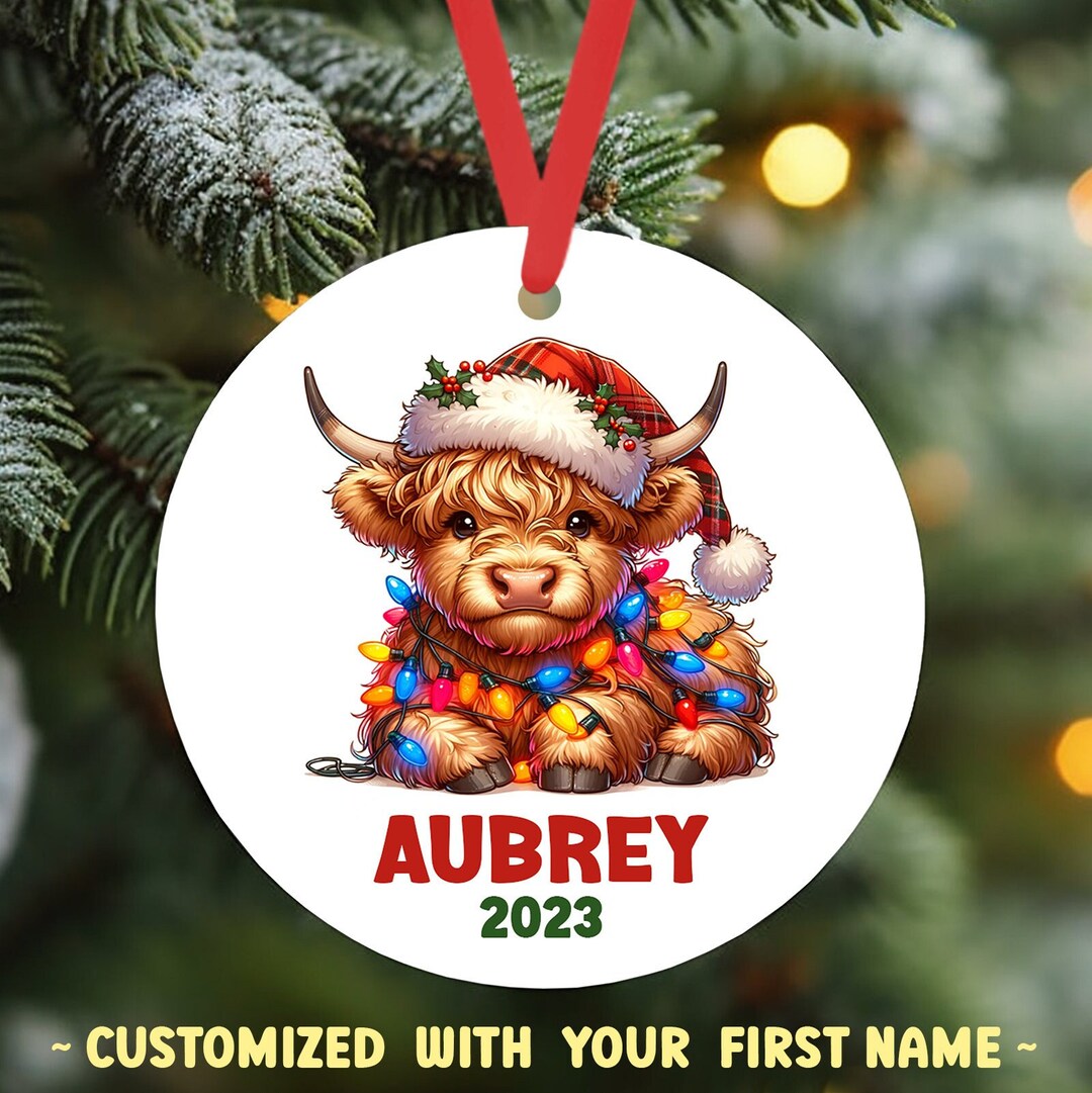 Scottish Highlands Cow Ornament 2023 Personalized Name Santa Cow Christmas Gift for Cow Lovers