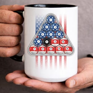 American Flag Billiards Mug Pool Ball Rack Large Coffee Mug Cup Patriotic Pool Player Gift USA Pool Table Mug Present for Billiards Lover