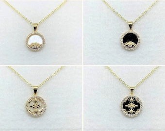 Mother Of Pearl & Onyx Evil Eye Crystal Charm Necklaces