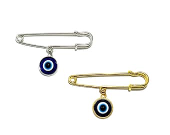 12mm Evil Eye Stainless Steel Safety Pin In Gold Or Silver