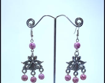 Art Deco Floral Iridescent Pink Drop Earrings