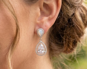 White Opal Teardrop Earrings, Silver /rose gold  Crystal Jewelry Set Bridesmaid gift -S12DOUBLE