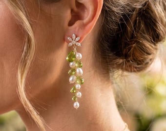 Fresh water Pearl Drop Earrings,  Bridal Jewelry, Bridesmaid Gift ,August birthstone green peridot