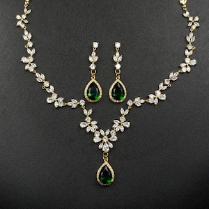 Emerald jewelry set gift ,Crystal Jewelry, Bridal Jewelry Set, Cz Necklace Dangle Earrings Set emerald green prom jewelry bridesmaid gift