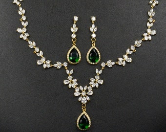 Emerald jewelry set gift ,Crystal Jewelry, Bridal Jewelry Set, Cz Necklace Dangle Earrings Set emerald green prom jewelry bridesmaid gift