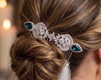 Teal blue something blue Bridal hair leaf vine comb  Bridal Hair Accessories Wedding Hair Accessories Silver Wedding hair piece   Prom