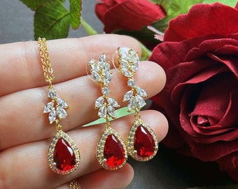 Ruby red , bright red Crystal earrings, orange red earrings,ruby red necklace july birthstone birthday orange red jewelry set Christmas gift