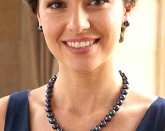 Navy Peacock Pearl Stud Earrings & Necklace Set: Bridal Jewelry mother of bride groom bridesmaid gifts