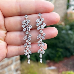 Crystal Bridal Bridesmaid Earrings Chandelier Earring long Crystal drop Rose Gold Bridal Jewelry Silver earrings large leaf bracelet LD