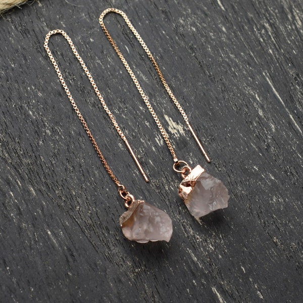 Birthstone,rose quartz Drop Earring,Pink Threader Earrings,Bridesmaid Gift,Ear Threaders,Raw stone,Gift for her,Jewelry, gifts, birthstone