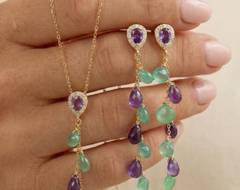 Purple amethyst earrings green chalcedony gemstone long dangle earrings hand wrapped wire wrapped cascading earrings purple green gold RGem