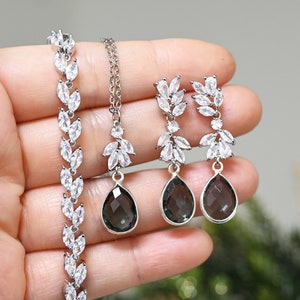 Charcoal gray Crystal necklace bracelet set  leaf bracelet vine BRIDESMAID gift jewelry set black silver jewelry gift for her coworker svine