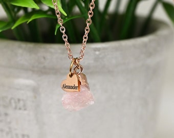 Personalized custom name raw crystal rose quartz gemstone Necklace gift for her grandma daughter niece aunt cousin grandma grandmother RN