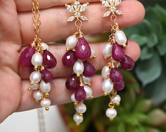 Fresh water Pearl Drop Earrings,  Bridal Jewelry, Bridesmaid Gift , July birthstone Ruby