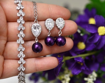 Purple amethyst ultra violet Pearl Bridal Jewelry earrings Purple Crystal Wedding Jewelry Set Purple Amethyst Bridesmaid Crystal Jewelry