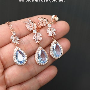Clip on Bridal Earrings Drop Earrings Clip on dusty blue pink rose gold blue earrings Silver Bridal Jewelry Silver bridal earrings Svine Bild 1