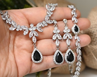 Black only black diamond  Bridal Wedding Jewelry bridesmaid gift Crystal Bracelet Gold Earrings necklace Mother of the bride groom prom