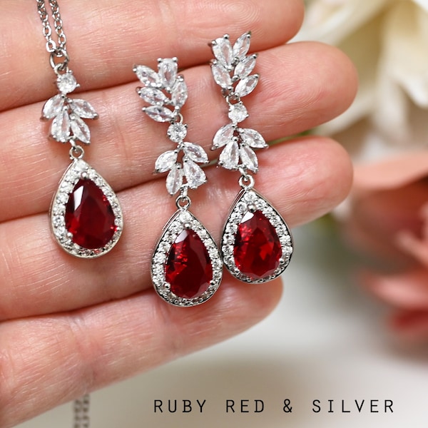 Ruby red ,bright red Crystal earrings, orange red ,ruby red necklace  birthstone birthday Christmas red jewelry set bridesmaid prom Svine