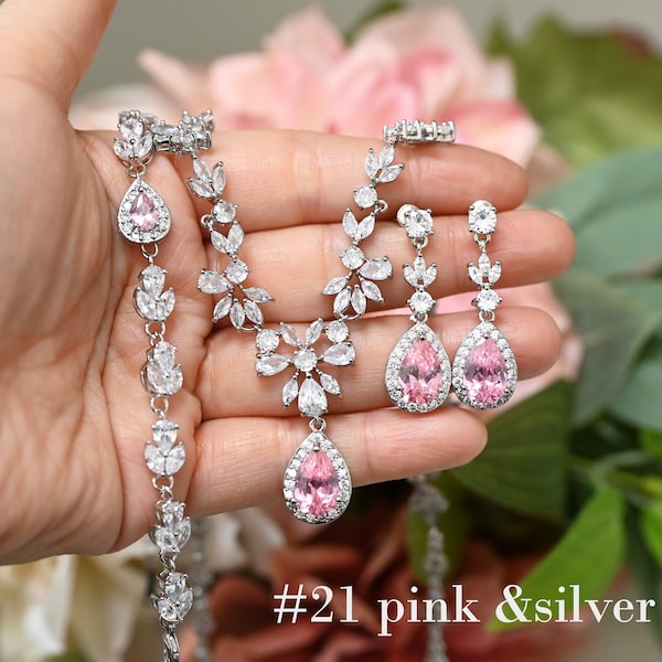 Pink #21 hot pink Bridal Jewelry set  Bridal Earrings Necklace bracelet Wedding Jewelry Set bridesmaid gifts set silver prom jewelry