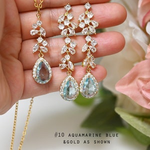 Aquamarine blue gold light blue #10 Crystal Bridal Earrings Chandelier  Crystal drop Earrings Rose Gold Bridal Jewelry  bridesmaid gift