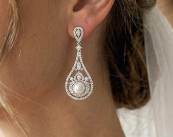 Pearl earrings , bridal earrings with matching pearl adjustable backdrop necklace wedding jewelry bridesmaid gift