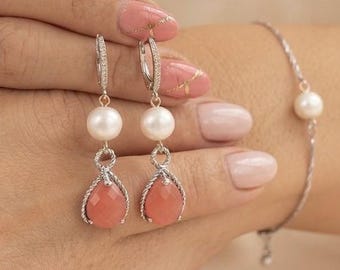 Fresh water Pearl Drop Earrings,  Bridal Jewelry, Bridesmaid Gift , CORAL  pink  necklace earrings bracelet set