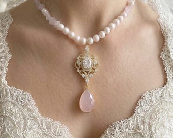 Fresh water Pearl ,  Bridal Jewelry, Bridesmaid Gift , pink rose quartz adjustable choker style necklace 16 to 19 inches