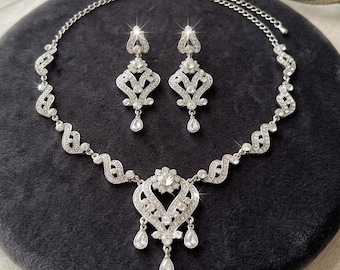 Diamond cubic zirconia Necklace +earrings  Set, silver Bridal Jewelry bridesmaid gifts prom