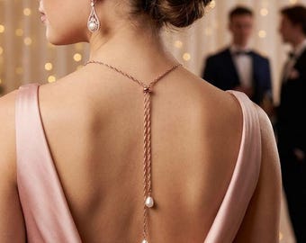 Prom jewelry Pearl Backdrop Necklace, Minimalist Pearl Back Necklace, Bridal Backdrop , Wedding Gift, Bridesmaid Gift for Her