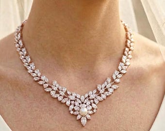 Dainty fresh water Pearl Necklace with earrings Diamond,Rose Gold /Silver Leaf Diamond real Pearl Necklace, Wedding Jewelry,Bridal Gift,PROM