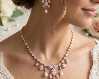 Dainty fresh water Pearl Necklace with earrings Hair clip Diamond, Rose Gold /Silver Leaf Wedding Jewelry, Bridal Gift, PROM