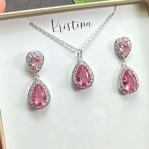 fuchsia pink hot pink bridesmaid jewelry set bridesmaid gift bridesmaid necklace earrings bracelet bright pink fuchsia  bridal party gift