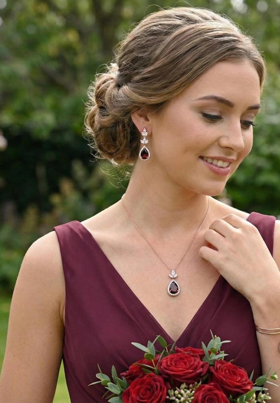 jewelry for burgundy dress dark red red wine red Earring bridal wedding KNOT bracelet necklace Bridesmaid gifts mother bride groom gifts 3LEAF Color:As Photo(Burgundy) with rhinestone crystal posts vivian polka dot dress Jovani 25926 Blue Multi