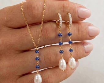 Freshwater Pearl something blue sapphire blue Drop Earrings Necklace Set, Bridal Jewelry