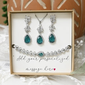 Gift for her  women mother bride crystal dangle studs  holiday Christmas birthstone earrings teal blue jewelry set necklace bracelet svine