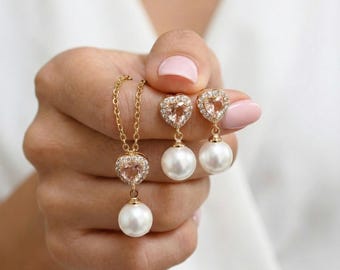 Morganite Heart Pearl Earrings, gold silver Rose Gold Bridesmaid Jewelry prom mother of the bride groom