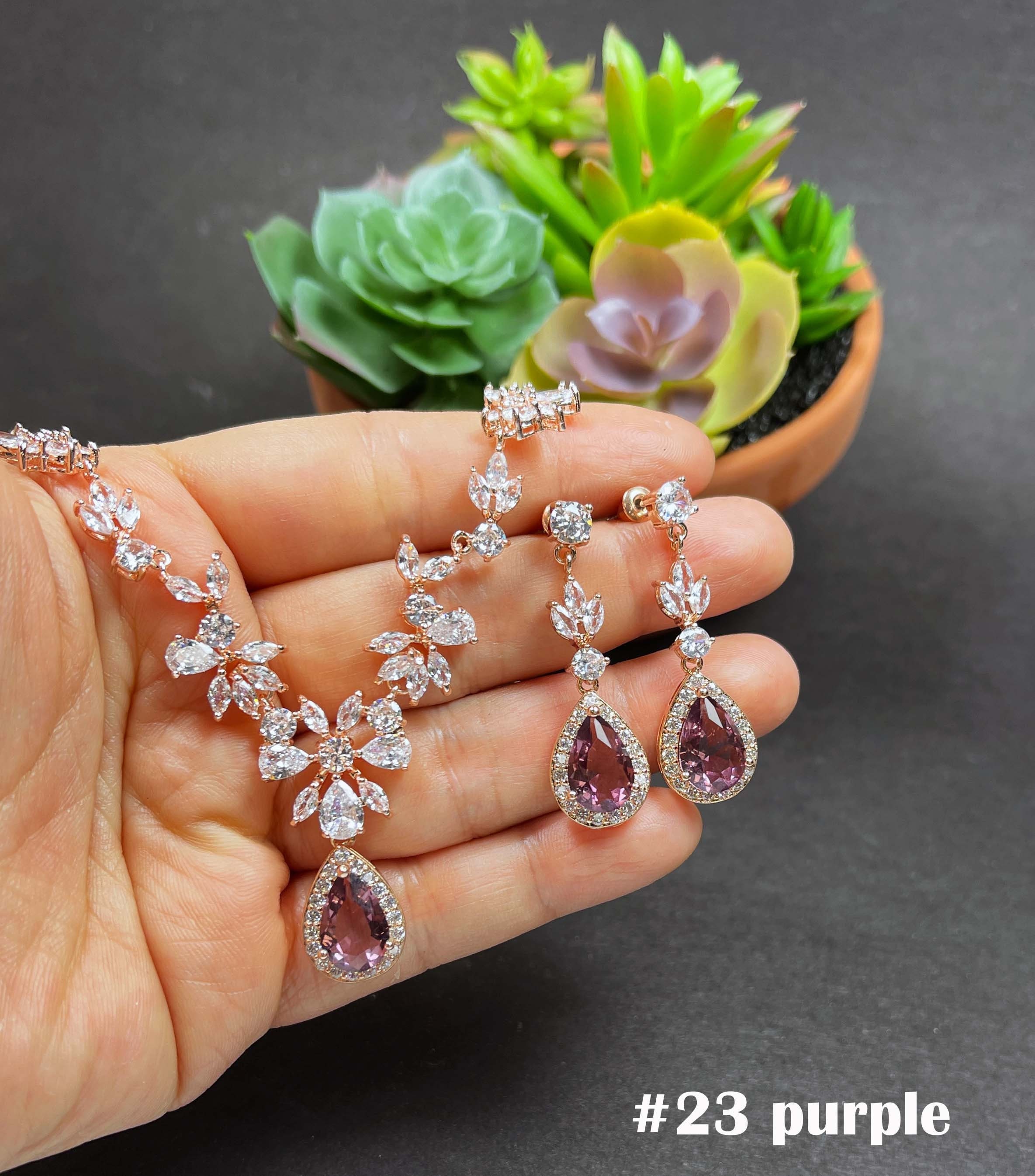 XILAZAB Purple Austrian Crystal Bridal Jewelry Set - Statement Necklace & Earrings, Silver Tone - View #2