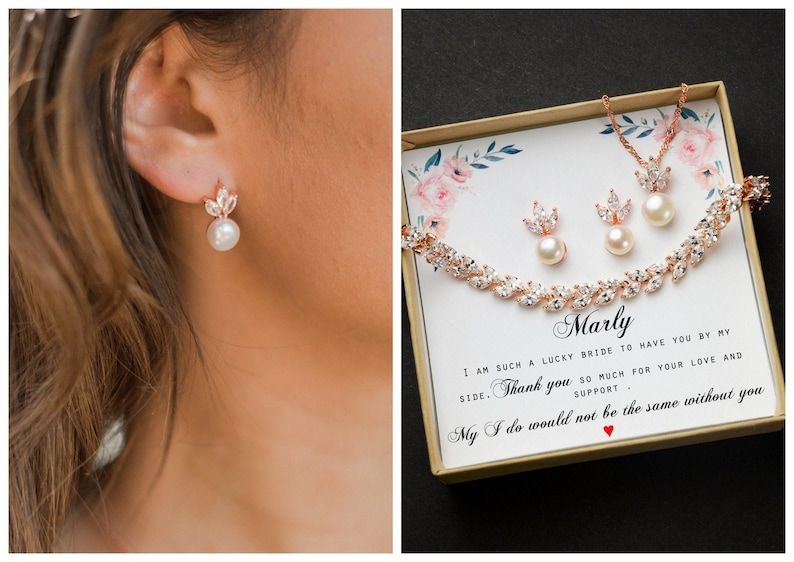 Pearl STUDS  Personalized rose Gold /silver Bridesmaid Gift Set Bridesmaid Earrings necklace bracelet Bridesmaid Jewelry Bridal Jewelry 