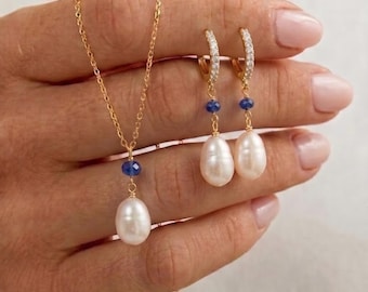 Freshwater Pearl something blue  1 sapphire blue quartz  Drop Earrings Necklace Set, Bridal Jewelry