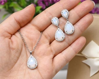 White Opal Teardrop choose Earrings Necklace bracelet, Rose Gold Silver Bridal Jewelry bridesmaid gifts mother bride groom