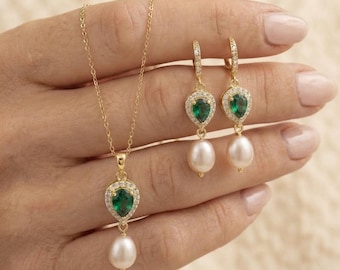 Champagne Swarovski Pearl Drop Earrings,  Bridal Jewelry, Bridesmaid Gift  emerald green dark green
