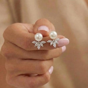 Pearl Ear Jacket Earrings, Crystal Leaf Backing, Bridal Jewelry ,bridesmaid gift