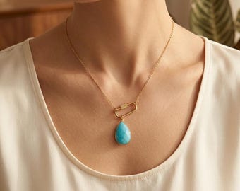Large Turquoise Pendant Necklace, carabiner chain Birthstone Jewelry