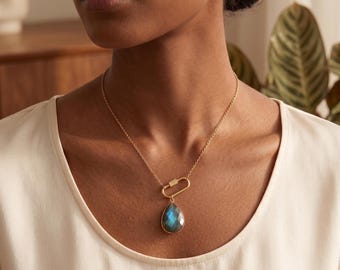 Large labradorite real gemstone Pendant Necklace, carabiner chain Birthstone Jewelry
