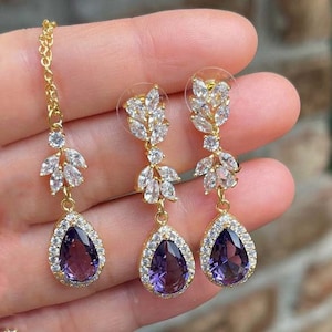 Gift for daughter niece purple amethyst dark purple plum Crystal Bridal earrings Wedding jewelry Bridesmaid Gift necklace bracelet set SVINE