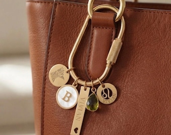 Custom keychain, personalized bag charm, initial and birthstone keychain, handbag accessory, bridesmaid gift, gift for her - 5 charms