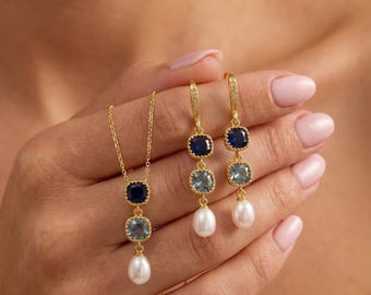 Freshwater Pearl Drop Earrings, Dark Blue Sapphire + GRAY black  Necklace, Bridal Jewelry