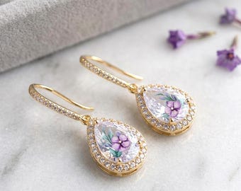 Gold Crystal cubic zirconia Dangle Earrings, lilac light purple  Floral Bridal Jewelry