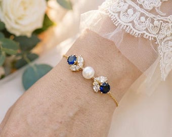 Navy blue fresh water pearl Gold Leaf Bracelet, Dainty Bridal Jewelry, Cubic Zirconia Accents